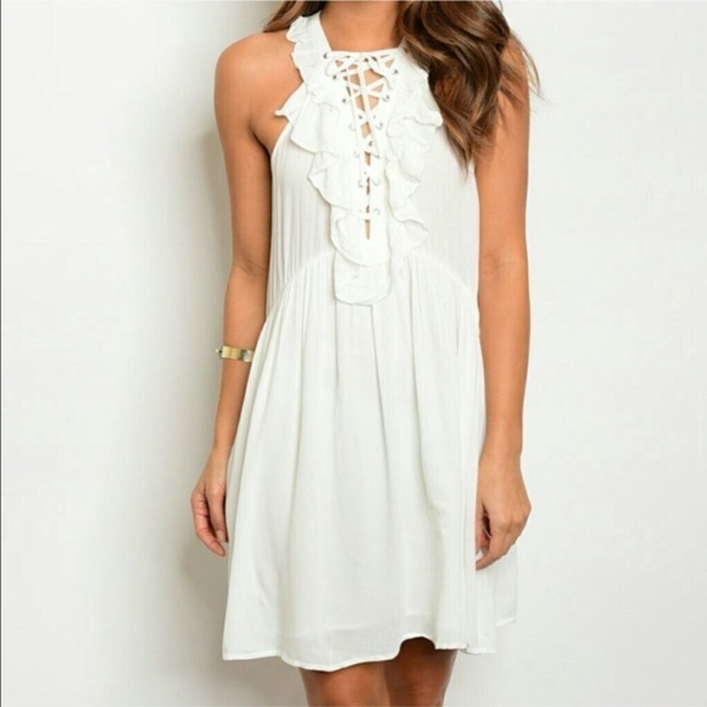 LACE Up White Ruffle Dress